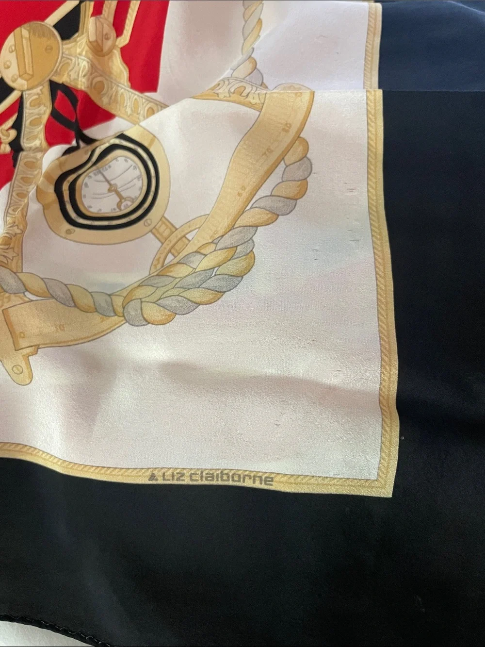 Vintage Liz Clabourne Nautical 100% Silk Scarf - Red Gold Black Stripe Square